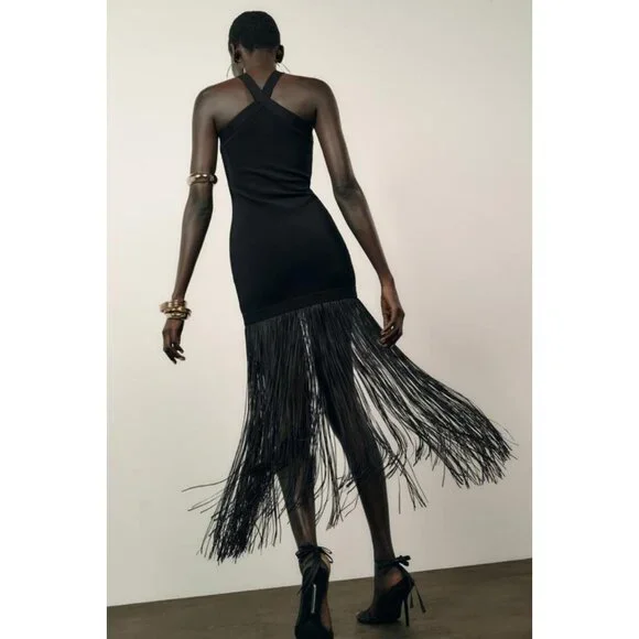 ZARA STRETCH LONG DRESS WITH FRINGING - Picture 8 of 12